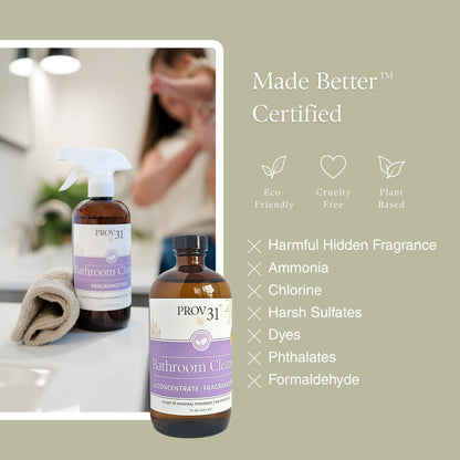 Bathroom Cleaner: Plant powered ingredients, clean soap scum, fragrance free, cleansing citric acid, refill