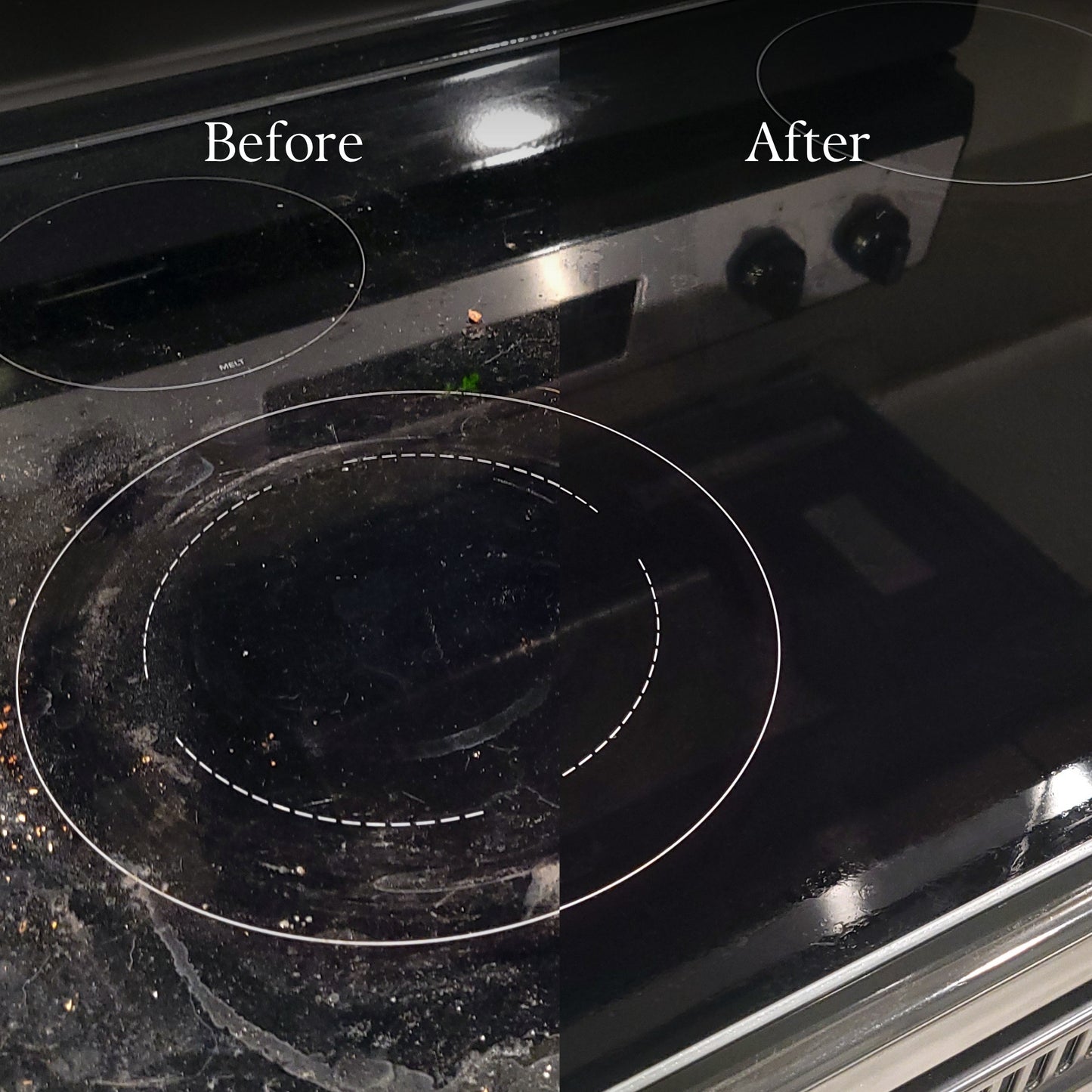 A split-screen comparison of a black glass stovetop using PROV 31 cleaning products, labeled 'Before' on the left and 'After' on the right, showing a dramatic difference in cleanliness with heavy grime on the 'before' side and a spotless, reflective surface on the 'after' side.