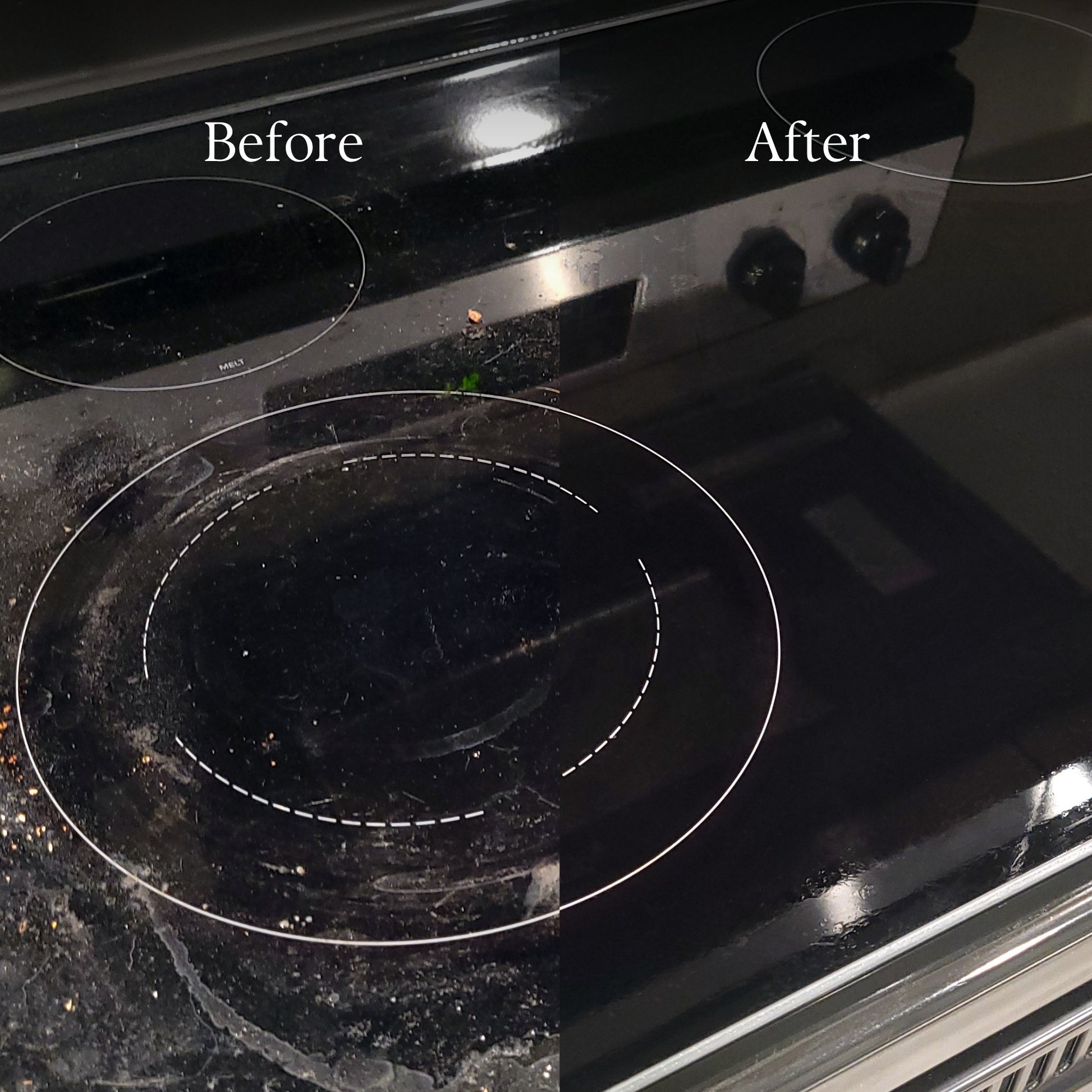 A split-screen comparison of a black glass stovetop using PROV 31 cleaning products, labeled 'Before' on the left and 'After' on the right, showing a dramatic difference in cleanliness with heavy grime on the 'before' side and a spotless, reflective surface on the 'after' side.
