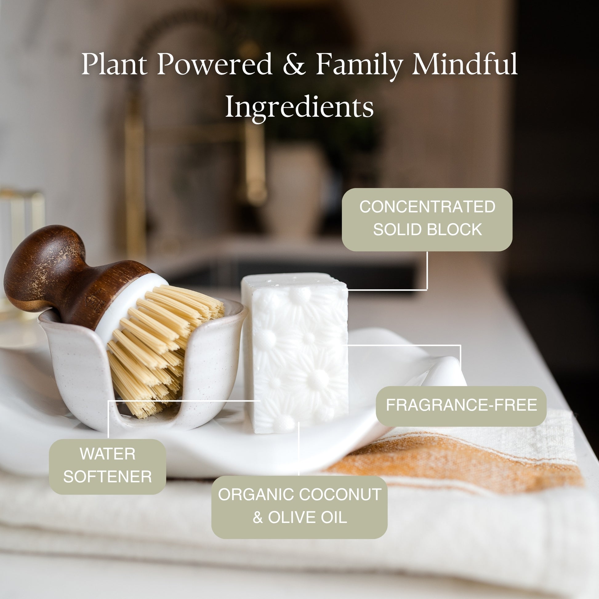 Dish Soap Block: Concentrated solid block, fragrance free, water softener, organic coconut and olive oil.