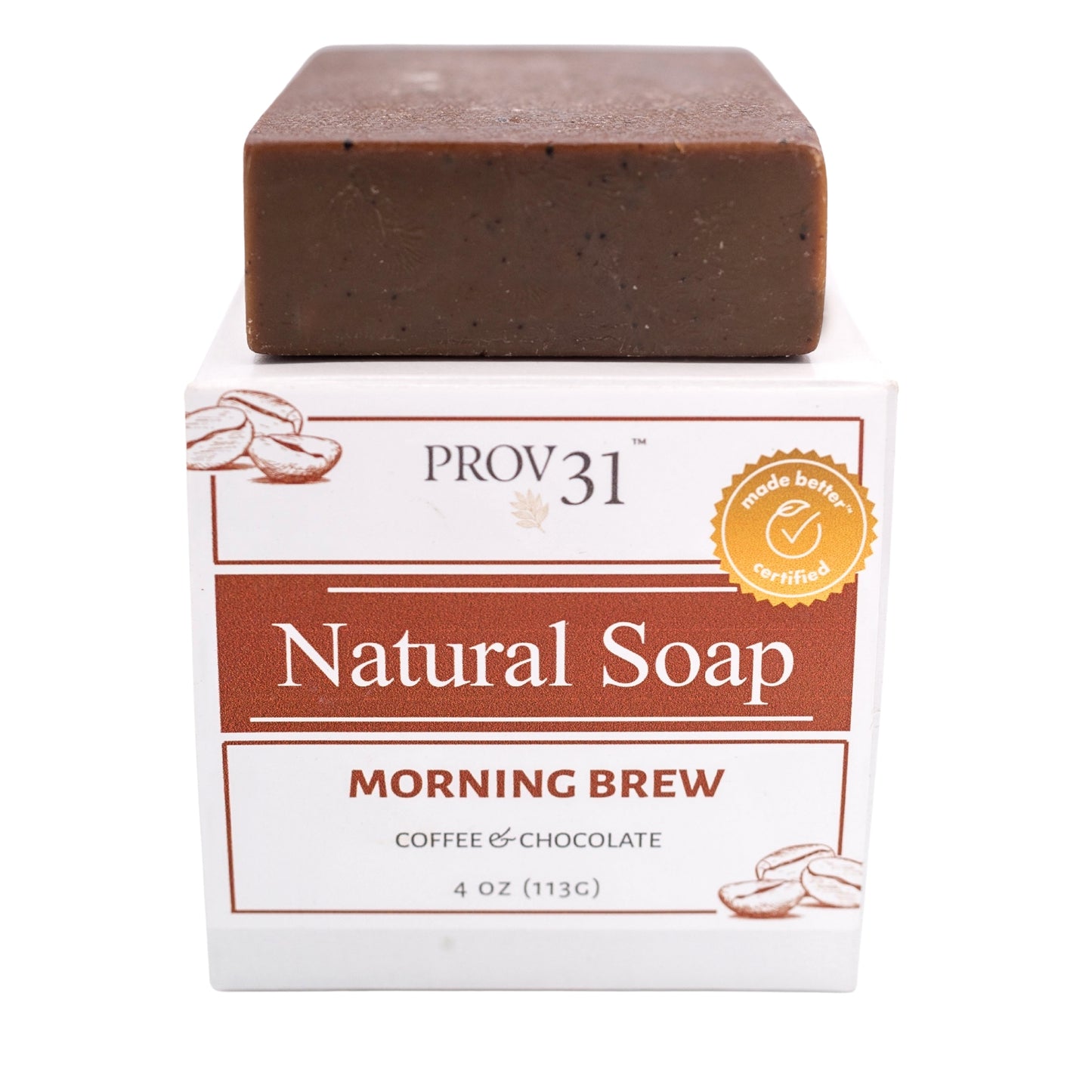 A bar of PROV 31 Natural Soap in the Morning Brew scent, shown with its white and brown cardboard packaging box on a plain white background.