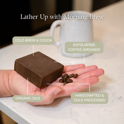 Natural Soap Morning Brew: cold brew and cocoa, exfoliating coffee grounds, handcrafted and cold processed, organic oils