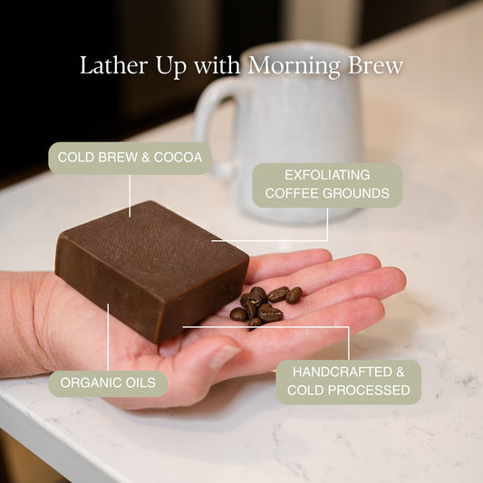 Natural Soap Morning Brew: cold brew and cocoa, exfoliating coffee grounds, handcrafted and cold processed, organic oils