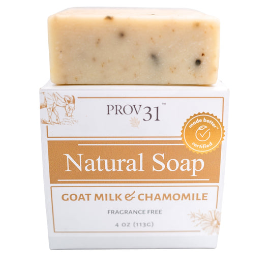 A bar of PROV 31 Natural Soap, fragrance free with Goat Milk & Chamomile, shown resting on top of its white and gold retail box against a plain white background.