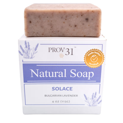 A bar of PROV 31 Natural Soap in Solace  scent, Bulgarian Lavender, shown resting on top of its white and blue retail box against a plain white background.