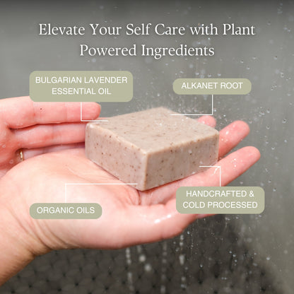 Natural Soap Solace: Bulgarian lavender essential oil, alkanet root, handcrafted and cold processed, organic oils